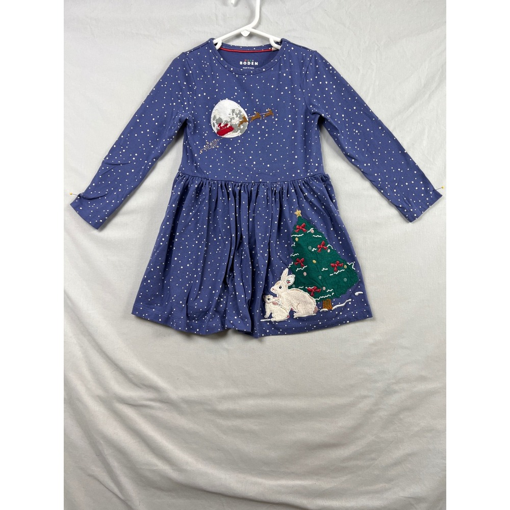 Mini Boden Dress Kids 4-5Y Blue Christmas Star Bunny Embroidered Jersey